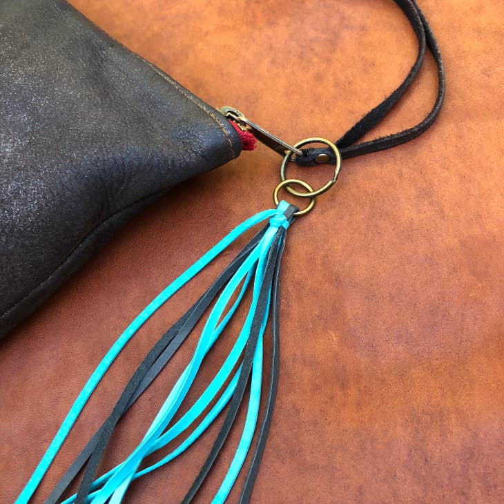 LEATHER TASSEL ZIPPER PULL TURQUOISE & CHARCOAL