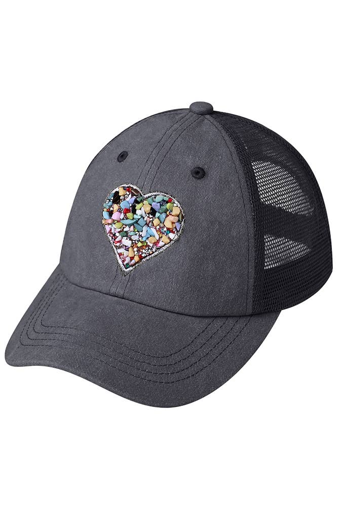 C.C Heart Stone Embellishment Baseball Cap: Black