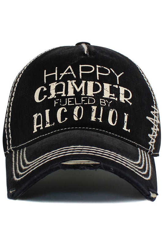 HAPPY CAMPER FUELED BY ALCOHOL Baseball Cap: Black
