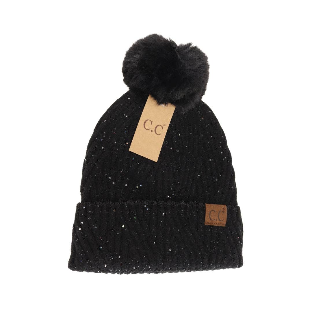 Sequin Faux Fur Pom Beanie Black