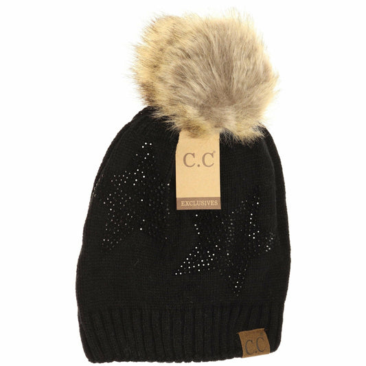 Rhinestone Star Fur Pom Beanie Black