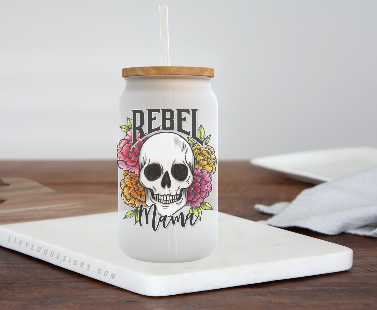 REBEL MAMA BEER CAN GLASS W/LID & STRAW