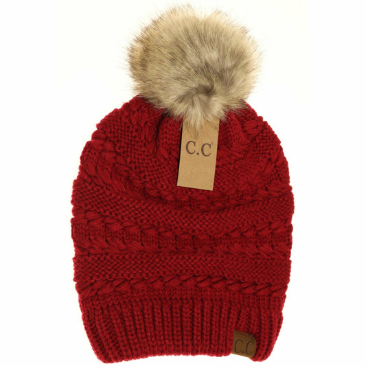 Whipstitch Knit Faux Fur Pom Beanie Chili Pepper