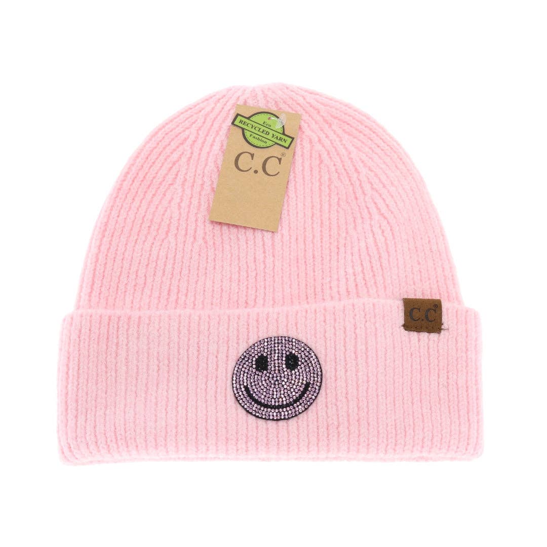 Rhinestone Smiley Face Cuff Beanie Pink