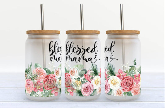 BLESSED MAMA BEER CAN GLASS W/LID & STRAW