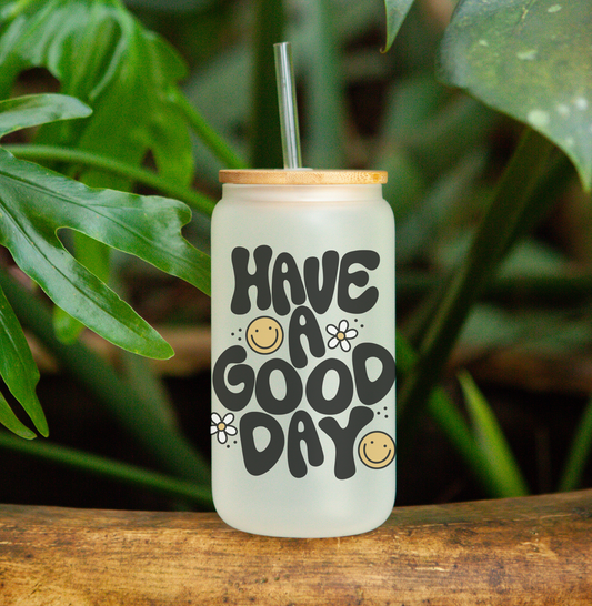 GOOD DAY BEER CAN GLASS W/LID & STRAW