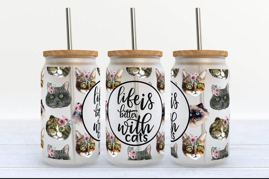 LIFE IS BETTER WITH CATS BEER CAN GLASS W/LID & STRAW