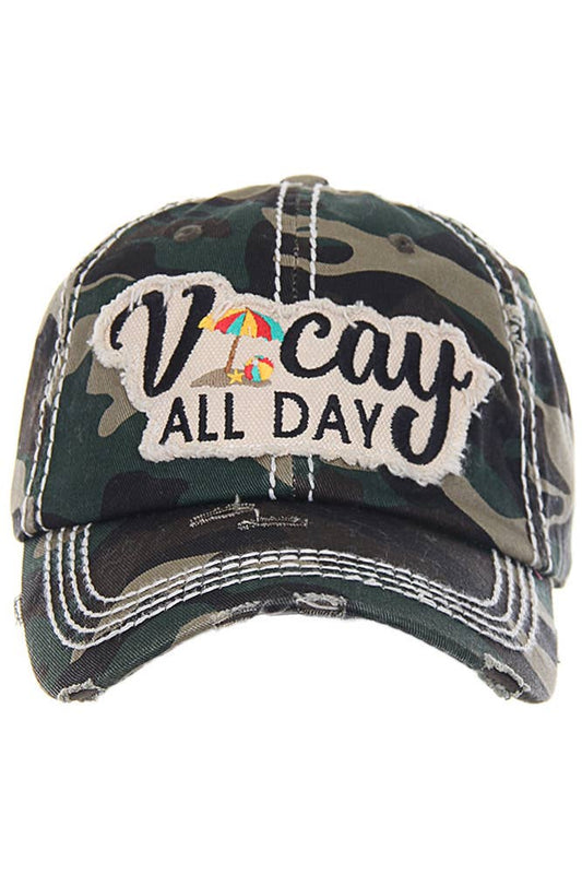 VACAY ALL DAY Washed Vintage Baseball Cap: Camo