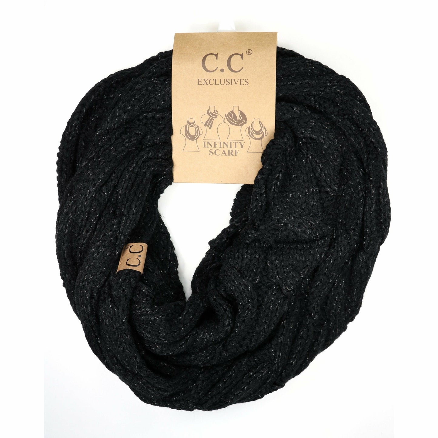 Metallic Cable Knit CC Infinity Scarf Metallic Black