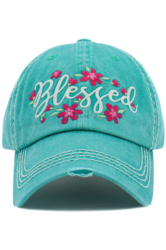 BLESSED Floral Washed Vintage Baseball Cap: Turquoise