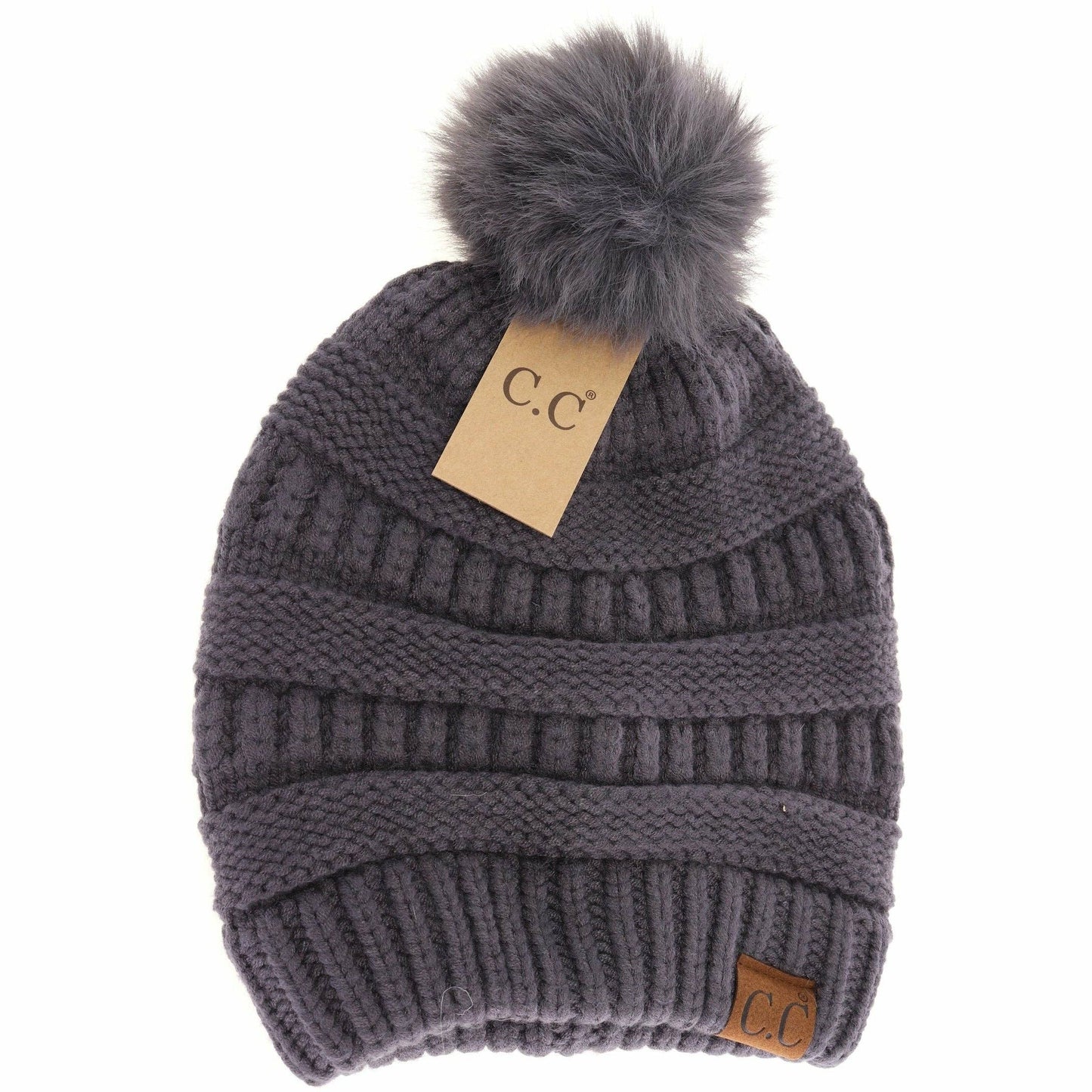 Super Soft Matching Fur Pom Beanie Dk. Grey