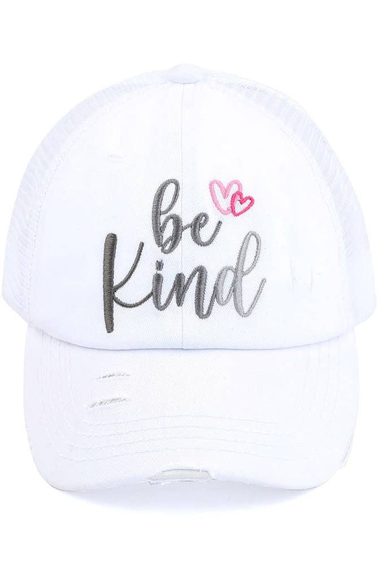 BE KIND Patch Distressed Vintage Pony Cap: White