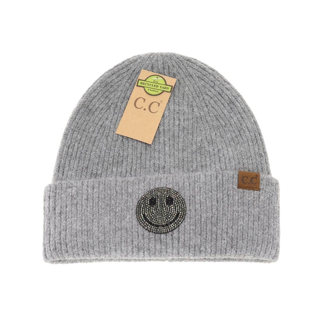 Rhinestone Smiley Face Cuff Beanie Lt. Grey